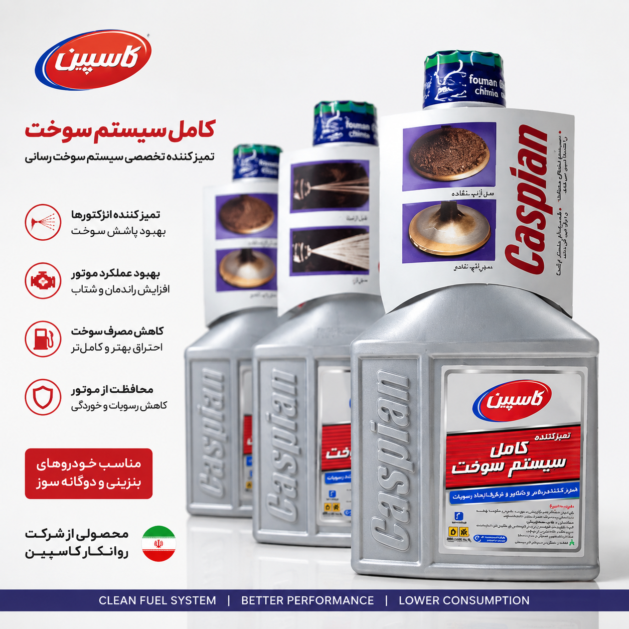 تمیزکننده کامل سیستم سوخت کاسپین Caspian | مکمل انژکتور خودرو